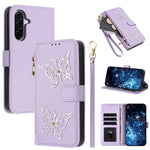 Custodia per telefono in ecopelle con cerniera e cinturino da polso, motivo farfalla glitterata, con cinturino da polso., For Galaxy A57 5G, For Galaxy A37 5G, For Galaxy A27 5G, For Galaxy A25e