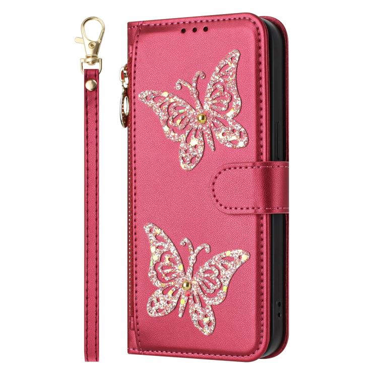 Custodia per telefono in ecopelle con cerniera e cinturino da polso, motivo farfalla glitterata, con cinturino da polso., For Galaxy A57 5G, For Galaxy A37 5G, For Galaxy A27 5G, For Galaxy A25e