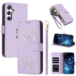 Custodia per telefono in ecopelle con cerniera e cinturino da polso, motivo farfalla glitterata, con cinturino da polso., For Galaxy A57 5G, For Galaxy A37 5G, For Galaxy A27 5G, For Galaxy A25e