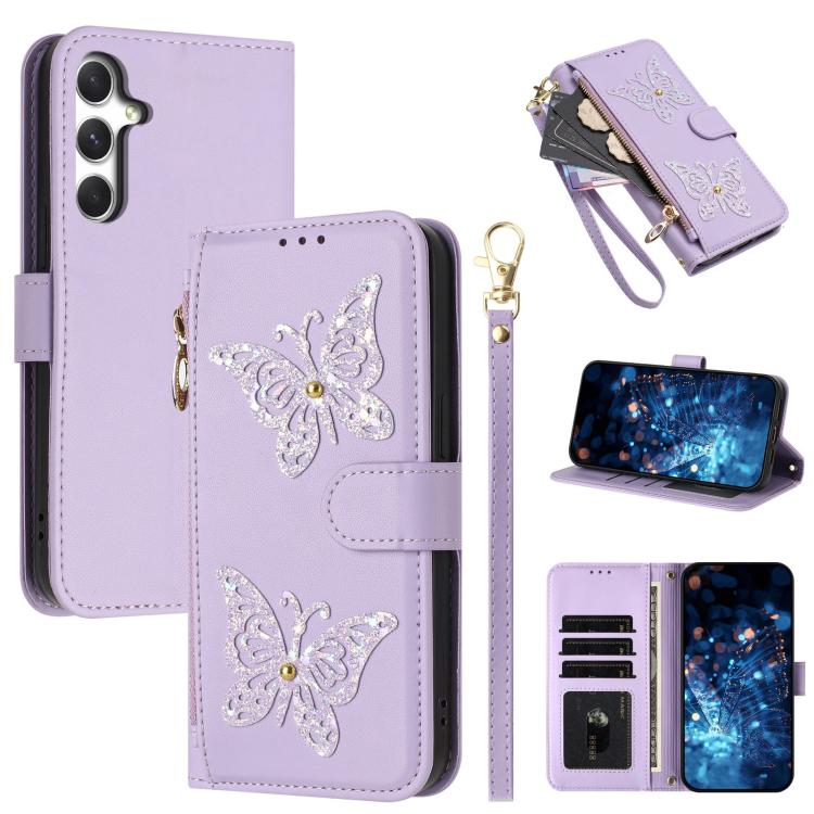 Custodia per telefono in ecopelle con cerniera e cinturino da polso, motivo farfalla glitterata, con cinturino da polso., For Galaxy A57 5G, For Galaxy A37 5G, For Galaxy A27 5G, For Galaxy A25e