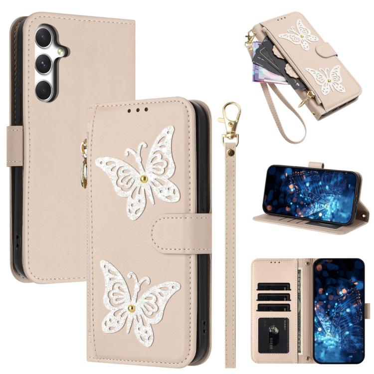 Custodia per telefono in ecopelle con cerniera e cinturino da polso, motivo farfalla glitterata, con cinturino da polso., For Galaxy A57 5G, For Galaxy A37 5G, For Galaxy A27 5G, For Galaxy A25e