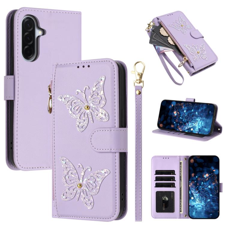 Custodia per telefono in ecopelle con cerniera e cinturino da polso, motivo farfalla glitterata, con cinturino da polso., For Galaxy A57 5G, For Galaxy A37 5G, For Galaxy A27 5G, For Galaxy A25e