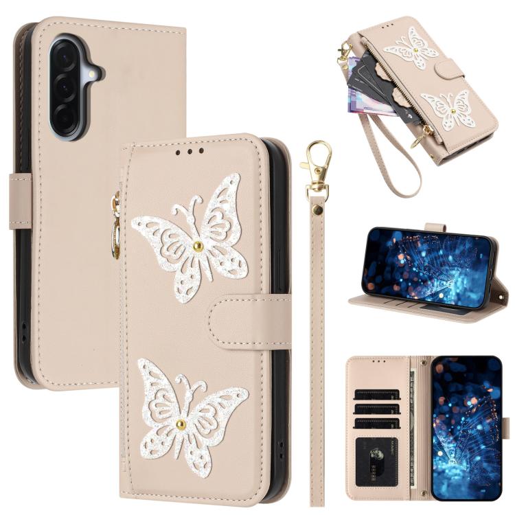 Custodia per telefono in ecopelle con cerniera e cinturino da polso, motivo farfalla glitterata, con cinturino da polso., For Galaxy A57 5G, For Galaxy A37 5G, For Galaxy A27 5G, For Galaxy A25e