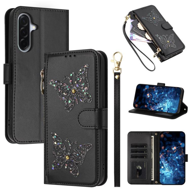 Custodia per telefono in ecopelle con cerniera e cinturino da polso, motivo farfalla glitterata, con cinturino da polso., For Galaxy A57 5G, For Galaxy A37 5G, For Galaxy A27 5G, For Galaxy A25e