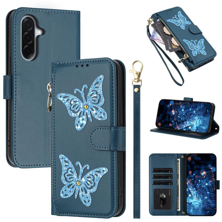 Custodia per telefono in ecopelle con cerniera e cinturino da polso, motivo farfalla glitterata, con cinturino da polso., For Galaxy A57 5G, For Galaxy A37 5G, For Galaxy A27 5G, For Galaxy A25e