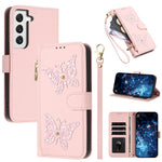 Custodia per telefono in ecopelle con cerniera e cinturino da polso, motivo farfalla glitterata, con cinturino da polso., For Galaxy S22+ 5G, For Galaxy S22 5G