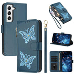 Custodia per telefono in ecopelle con cerniera e cinturino da polso, motivo farfalla glitterata, con cinturino da polso., For Galaxy S22+ 5G, For Galaxy S22 5G