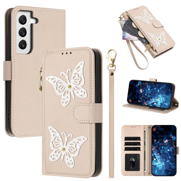 Custodia per telefono in ecopelle con cerniera e cinturino da polso, motivo farfalla glitterata, con cinturino da polso., For Galaxy S22+ 5G, For Galaxy S22 5G