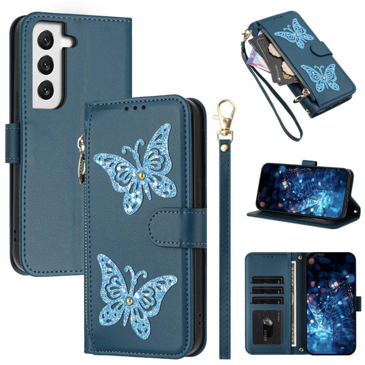 Custodia per telefono in ecopelle con cerniera e cinturino da polso, motivo farfalla glitterata, con cinturino da polso., For Galaxy S22+ 5G, For Galaxy S22 5G