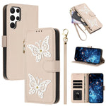 Custodia per telefono in ecopelle con cerniera e cinturino da polso, motivo farfalla glitterata, con cinturino da polso., For Galaxy S23 Ultra 5G, For Galaxy S23+ 5G, For Galaxy S23 5G, For Galaxy S22 Ultra 5G