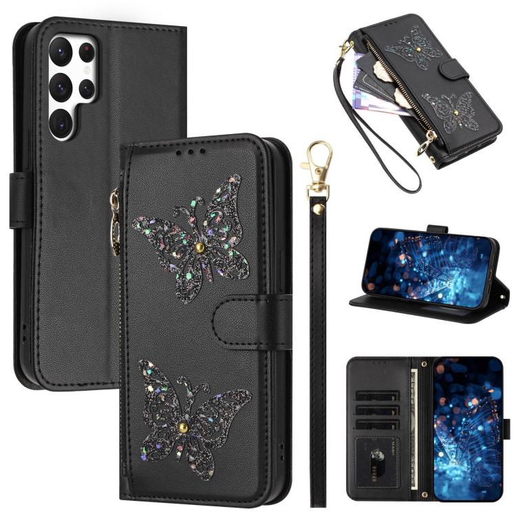 Custodia per telefono in ecopelle con cerniera e cinturino da polso, motivo farfalla glitterata, con cinturino da polso., For Galaxy S23 Ultra 5G, For Galaxy S23+ 5G, For Galaxy S23 5G, For Galaxy S22 Ultra 5G