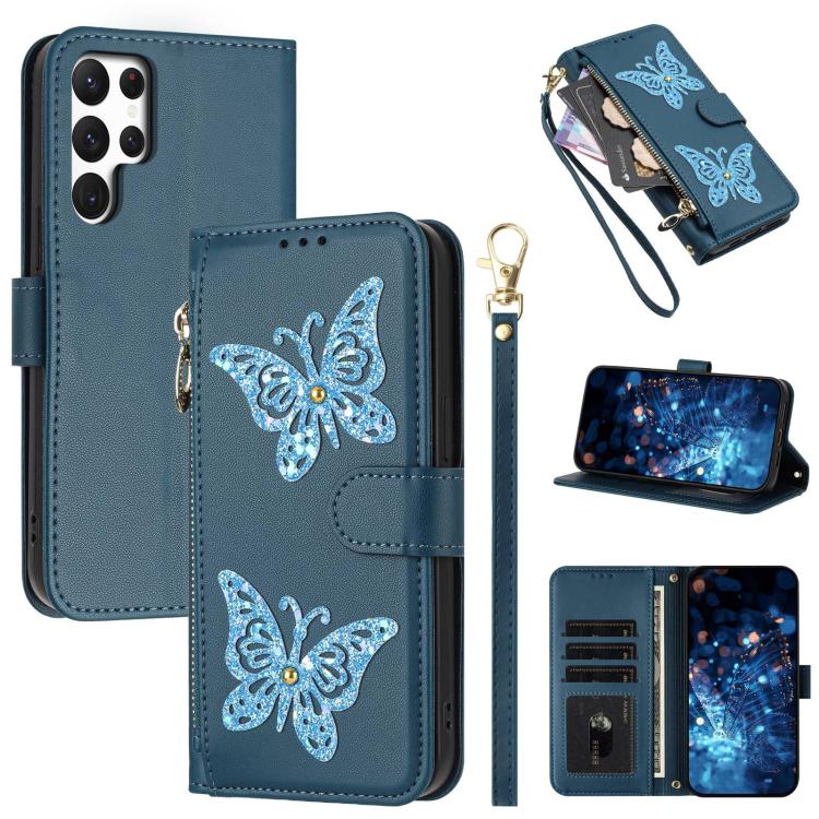 Custodia per telefono in ecopelle con cerniera e cinturino da polso, motivo farfalla glitterata, con cinturino da polso., For Galaxy S23 Ultra 5G, For Galaxy S23+ 5G, For Galaxy S23 5G, For Galaxy S22 Ultra 5G