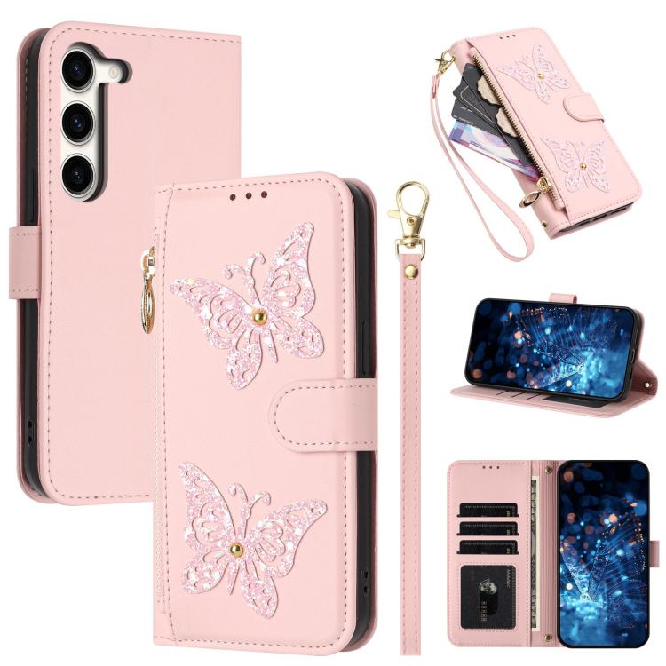 Custodia per telefono in ecopelle con cerniera e cinturino da polso, motivo farfalla glitterata, con cinturino da polso., For Galaxy S23 Ultra 5G, For Galaxy S23+ 5G, For Galaxy S23 5G, For Galaxy S22 Ultra 5G