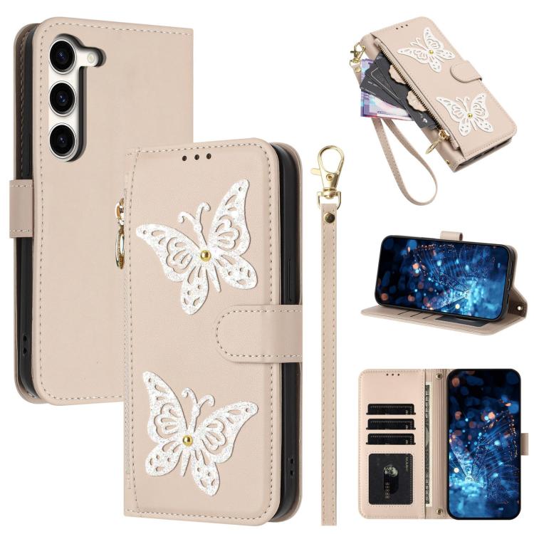Custodia per telefono in ecopelle con cerniera e cinturino da polso, motivo farfalla glitterata, con cinturino da polso., For Galaxy S23 Ultra 5G, For Galaxy S23+ 5G, For Galaxy S23 5G, For Galaxy S22 Ultra 5G