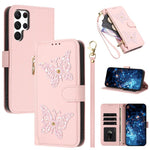 Custodia per telefono in ecopelle con cerniera e cinturino da polso, motivo farfalla glitterata, con cinturino da polso., For Galaxy S23 Ultra 5G, For Galaxy S23+ 5G, For Galaxy S23 5G, For Galaxy S22 Ultra 5G