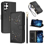 Custodia per telefono in ecopelle con cerniera e cinturino da polso, motivo farfalla glitterata, con cinturino da polso., For Galaxy S23 Ultra 5G, For Galaxy S23+ 5G, For Galaxy S23 5G, For Galaxy S22 Ultra 5G