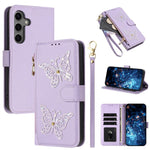 Custodia per telefono in ecopelle con cerniera e cinturino da polso, motivo farfalla glitterata, con cinturino da polso., For Galaxy S25 FE 5G, For Galaxy S25 Edge 5G, For Galaxy S25 5G / S24 5G, For Galaxy S24+ 5G / S25+ 5G