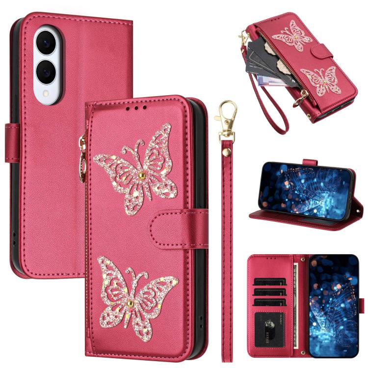 Custodia per telefono in ecopelle con cerniera e cinturino da polso, motivo farfalla glitterata, con cinturino da polso., For Galaxy S25 FE 5G, For Galaxy S25 Edge 5G, For Galaxy S25 5G / S24 5G, For Galaxy S24+ 5G / S25+ 5G