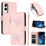 Custodia per telefono in ecopelle con cerniera e cinturino da polso, motivo farfalla glitterata, con cinturino da polso., For Galaxy S25 FE 5G, For Galaxy S25 Edge 5G, For Galaxy S25 5G / S24 5G, For Galaxy S24+ 5G / S25+ 5G