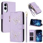 Custodia per telefono in ecopelle con cerniera e cinturino da polso, motivo farfalla glitterata, con cinturino da polso., For Galaxy S25 FE 5G, For Galaxy S25 Edge 5G, For Galaxy S25 5G / S24 5G, For Galaxy S24+ 5G / S25+ 5G