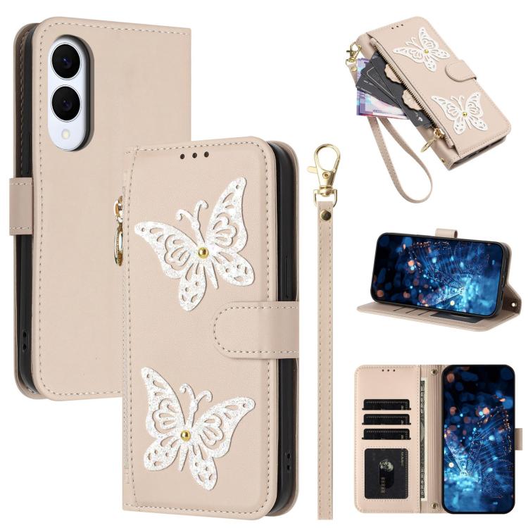 Custodia per telefono in ecopelle con cerniera e cinturino da polso, motivo farfalla glitterata, con cinturino da polso., For Galaxy S25 FE 5G, For Galaxy S25 Edge 5G, For Galaxy S25 5G / S24 5G, For Galaxy S24+ 5G / S25+ 5G