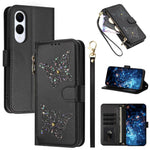 Custodia per telefono in ecopelle con cerniera e cinturino da polso, motivo farfalla glitterata, con cinturino da polso., For Galaxy S25 FE 5G, For Galaxy S25 Edge 5G, For Galaxy S25 5G / S24 5G, For Galaxy S24+ 5G / S25+ 5G