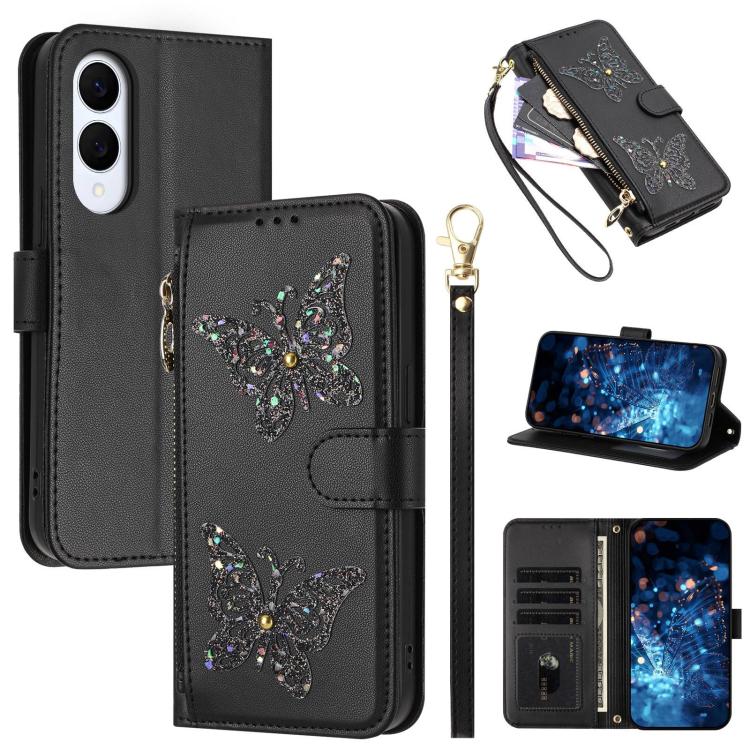 Custodia per telefono in ecopelle con cerniera e cinturino da polso, motivo farfalla glitterata, con cinturino da polso., For Galaxy S25 FE 5G, For Galaxy S25 Edge 5G, For Galaxy S25 5G / S24 5G, For Galaxy S24+ 5G / S25+ 5G