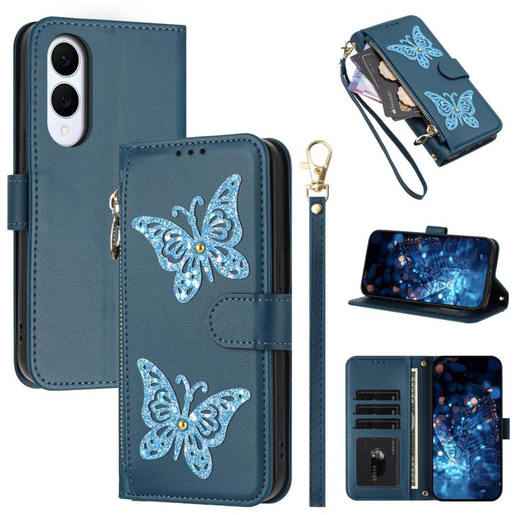 Custodia per telefono in ecopelle con cerniera e cinturino da polso, motivo farfalla glitterata, con cinturino da polso., For Galaxy S25 FE 5G, For Galaxy S25 Edge 5G, For Galaxy S25 5G / S24 5G, For Galaxy S24+ 5G / S25+ 5G
