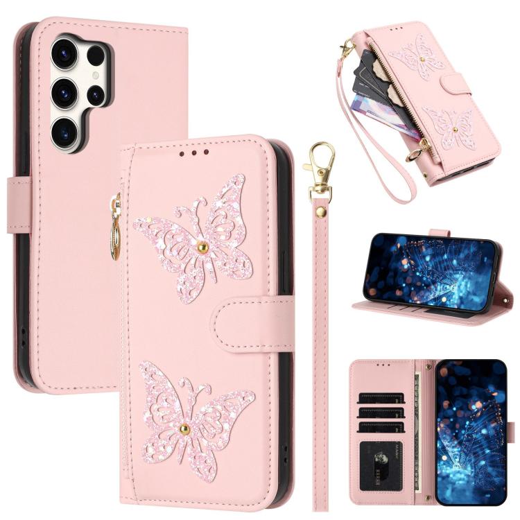 Custodia per telefono in ecopelle con cerniera e cinturino da polso, motivo farfalla glitterata, con cinturino da polso., For Galaxy S25 Ultra 5G, For Galaxy S24 FE 5G, For Galaxy S24 Ultra 5G, For Galaxy S23 FE 5G