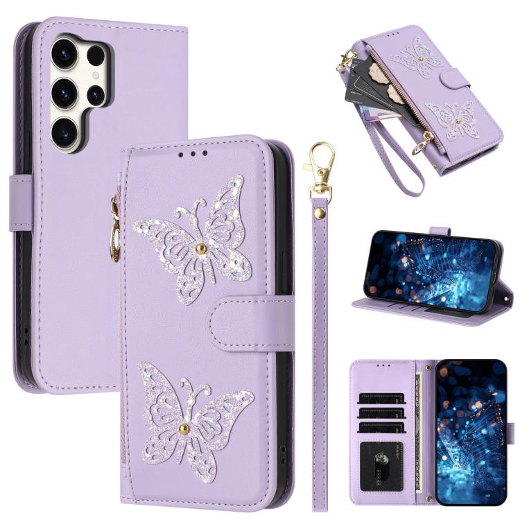 Custodia per telefono in ecopelle con cerniera e cinturino da polso, motivo farfalla glitterata, con cinturino da polso., For Galaxy S25 Ultra 5G, For Galaxy S24 FE 5G, For Galaxy S24 Ultra 5G, For Galaxy S23 FE 5G