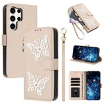 Custodia per telefono in ecopelle con cerniera e cinturino da polso, motivo farfalla glitterata, con cinturino da polso., For Galaxy S25 Ultra 5G, For Galaxy S24 FE 5G, For Galaxy S24 Ultra 5G, For Galaxy S23 FE 5G