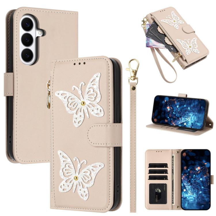 Custodia per telefono in ecopelle con cerniera e cinturino da polso, motivo farfalla glitterata, con cinturino da polso., For Galaxy S26 FE 5G, For Galaxy S26+ 5G, For Galaxy S26 Ultra 5G, For Galaxy S26 5G