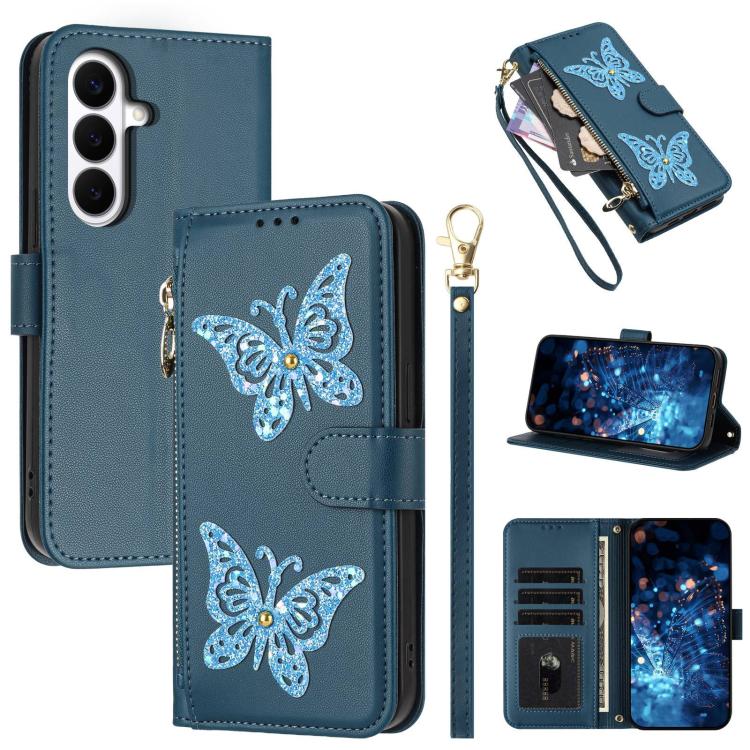 Custodia per telefono in ecopelle con cerniera e cinturino da polso, motivo farfalla glitterata, con cinturino da polso., For Galaxy S26 FE 5G, For Galaxy S26+ 5G, For Galaxy S26 Ultra 5G, For Galaxy S26 5G