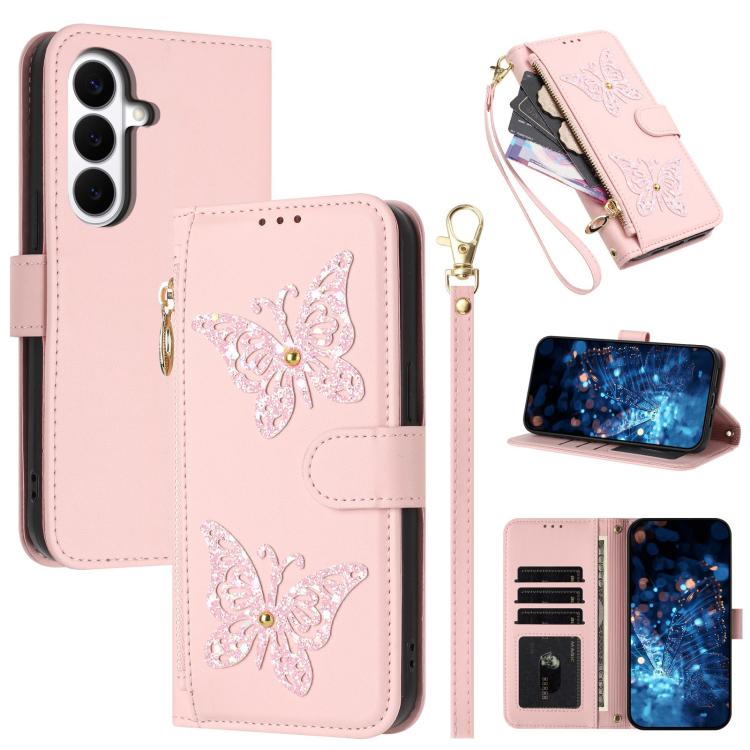 Custodia per telefono in ecopelle con cerniera e cinturino da polso, motivo farfalla glitterata, con cinturino da polso., For Galaxy S26 FE 5G, For Galaxy S26+ 5G, For Galaxy S26 Ultra 5G, For Galaxy S26 5G