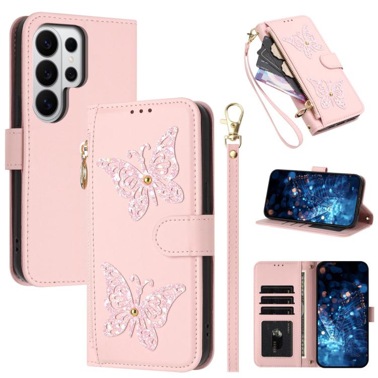 Custodia per telefono in ecopelle con cerniera e cinturino da polso, motivo farfalla glitterata, con cinturino da polso., For Galaxy S26 FE 5G, For Galaxy S26+ 5G, For Galaxy S26 Ultra 5G, For Galaxy S26 5G
