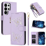 Custodia per telefono in ecopelle con cerniera e cinturino da polso, motivo farfalla glitterata, con cinturino da polso., For Galaxy S26 FE 5G, For Galaxy S26+ 5G, For Galaxy S26 Ultra 5G, For Galaxy S26 5G