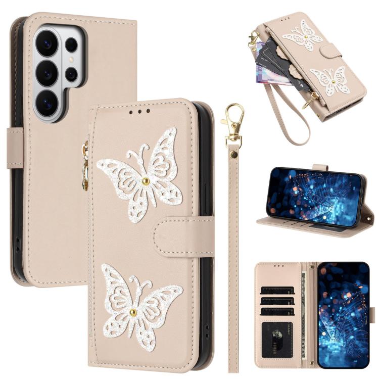 Custodia per telefono in ecopelle con cerniera e cinturino da polso, motivo farfalla glitterata, con cinturino da polso., For Galaxy S26 FE 5G, For Galaxy S26+ 5G, For Galaxy S26 Ultra 5G, For Galaxy S26 5G