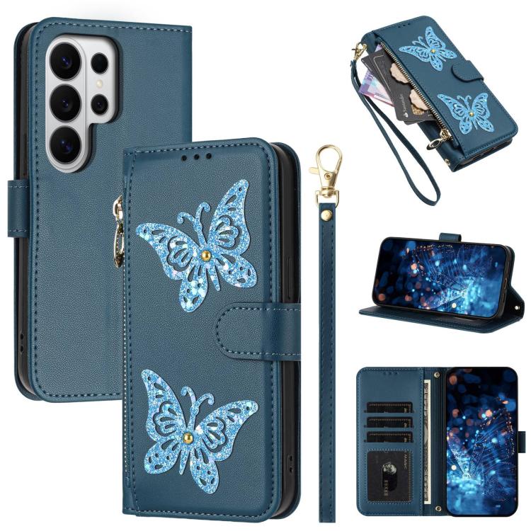 Custodia per telefono in ecopelle con cerniera e cinturino da polso, motivo farfalla glitterata, con cinturino da polso., For Galaxy S26 FE 5G, For Galaxy S26+ 5G, For Galaxy S26 Ultra 5G, For Galaxy S26 5G
