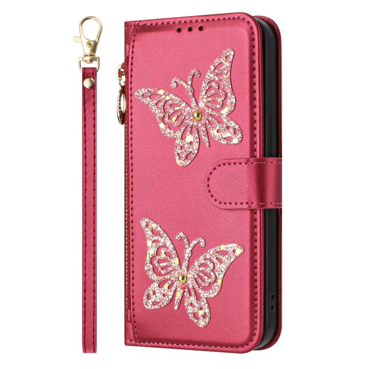 Custodia per telefono in ecopelle con cerniera e cinturino da polso, motivo farfalla glitterata, con cinturino da polso., For Galaxy S26 FE 5G, For Galaxy S26+ 5G, For Galaxy S26 Ultra 5G, For Galaxy S26 5G