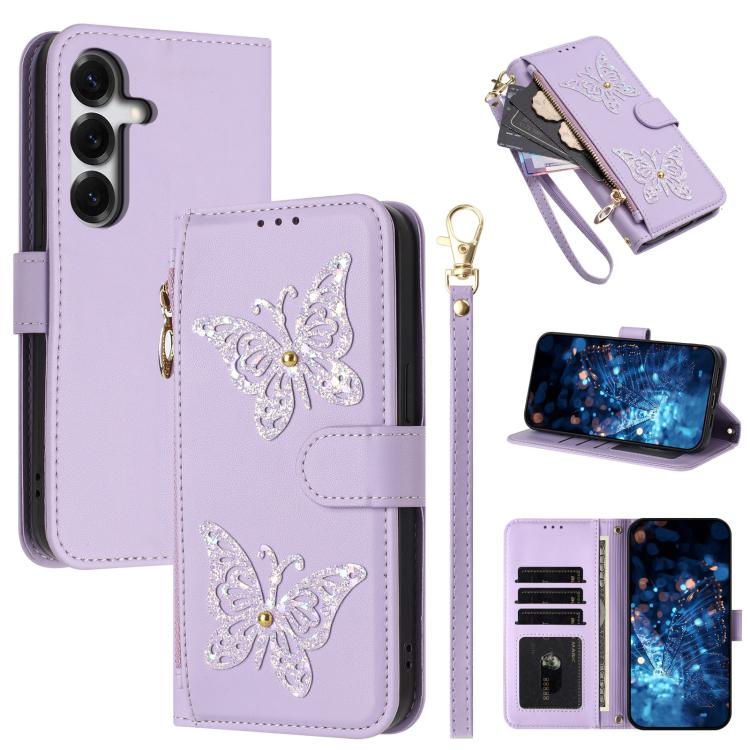 Custodia per telefono in ecopelle con cerniera e cinturino da polso, motivo farfalla glitterata, con cinturino da polso., For Galaxy S26 FE 5G, For Galaxy S26+ 5G, For Galaxy S26 Ultra 5G, For Galaxy S26 5G