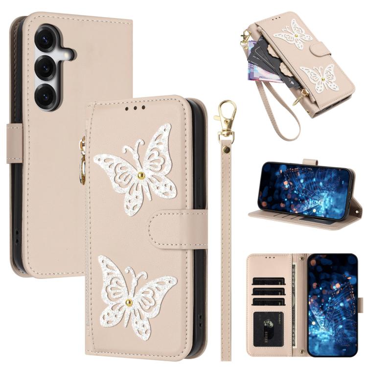 Custodia per telefono in ecopelle con cerniera e cinturino da polso, motivo farfalla glitterata, con cinturino da polso., For Galaxy S26 FE 5G, For Galaxy S26+ 5G, For Galaxy S26 Ultra 5G, For Galaxy S26 5G