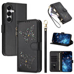 Custodia per telefono in ecopelle con cerniera e cinturino da polso, motivo farfalla glitterata, con cinturino da polso., For Galaxy S26 FE 5G, For Galaxy S26+ 5G, For Galaxy S26 Ultra 5G, For Galaxy S26 5G