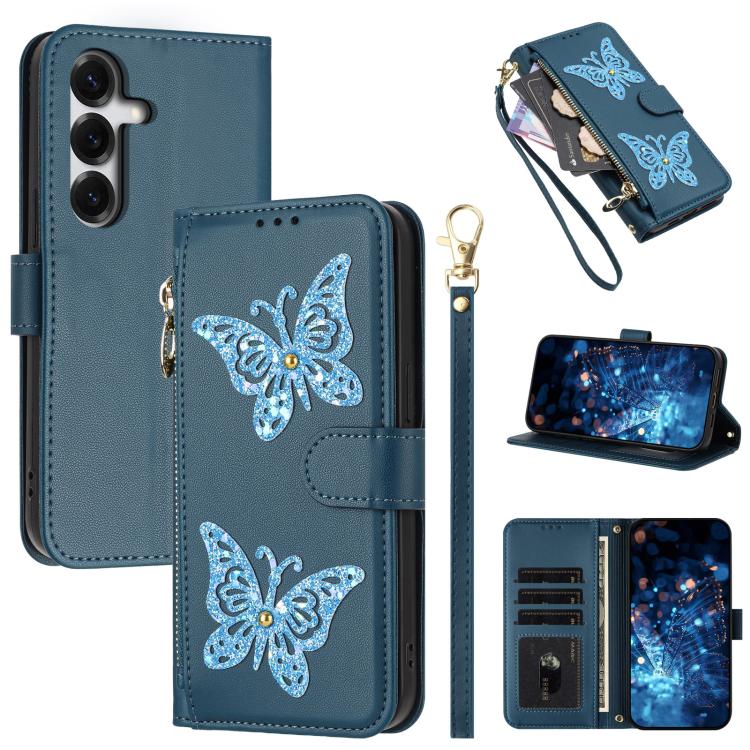 Custodia per telefono in ecopelle con cerniera e cinturino da polso, motivo farfalla glitterata, con cinturino da polso., For Galaxy S26 FE 5G, For Galaxy S26+ 5G, For Galaxy S26 Ultra 5G, For Galaxy S26 5G