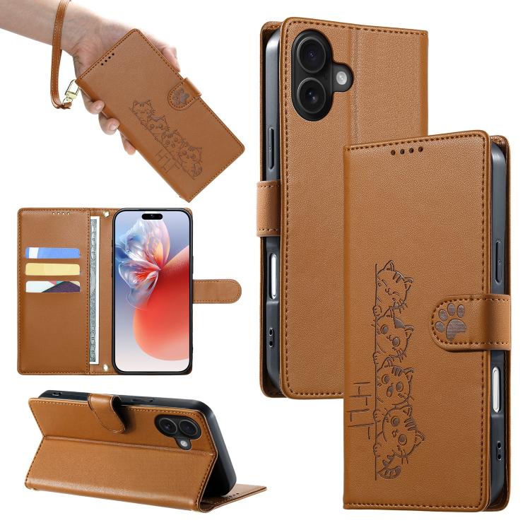 Custodia per telefono in ecopelle con chiusura magnetica e cinturino, con simpatici gattini., For iPhone Air, For iPhone 16 Pro Max, For iPhone 16 Pro, For iPhone 16 Plus