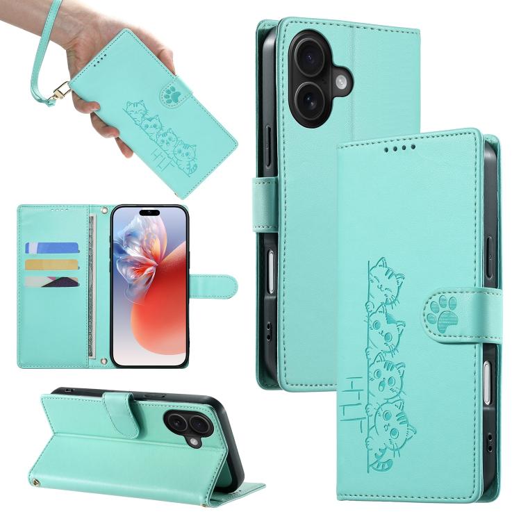 Custodia per telefono in ecopelle con chiusura magnetica e cinturino, con simpatici gattini., For iPhone 16, For iPhone 15 Pro Max, For iPhone 15 Pro, For iPhone 15 Plus