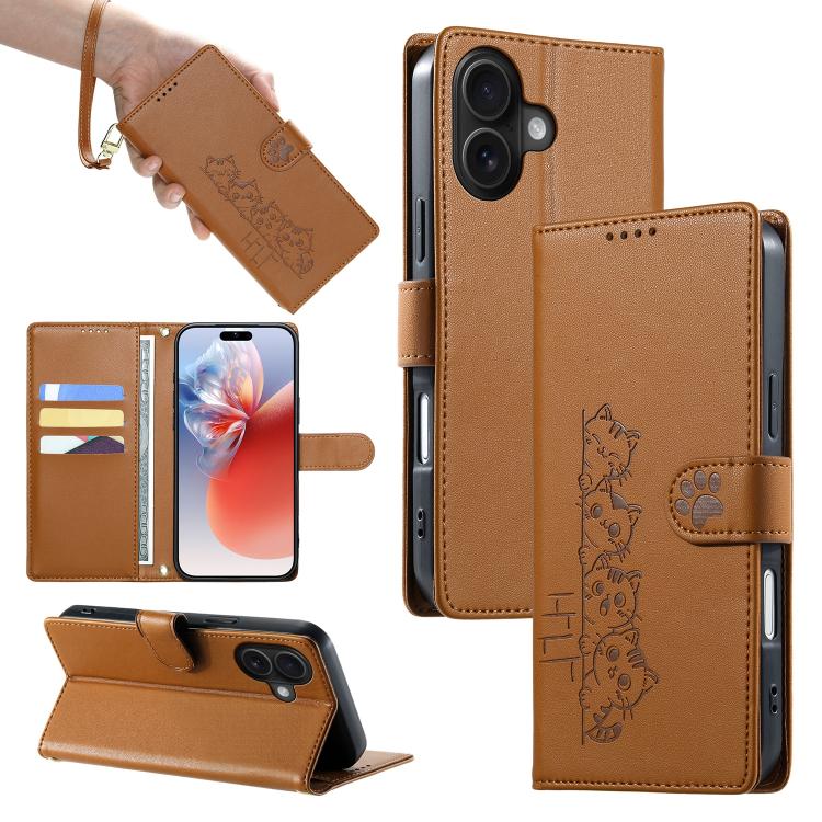 Custodia per telefono in ecopelle con chiusura magnetica e cinturino, con simpatici gattini., For iPhone 16, For iPhone 15 Pro Max, For iPhone 15 Pro, For iPhone 15 Plus