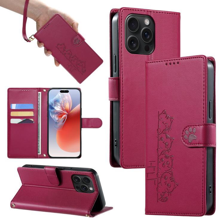 Custodia per telefono in ecopelle con chiusura magnetica e cinturino, con simpatici gattini., For iPhone 16, For iPhone 15 Pro Max, For iPhone 15 Pro, For iPhone 15 Plus