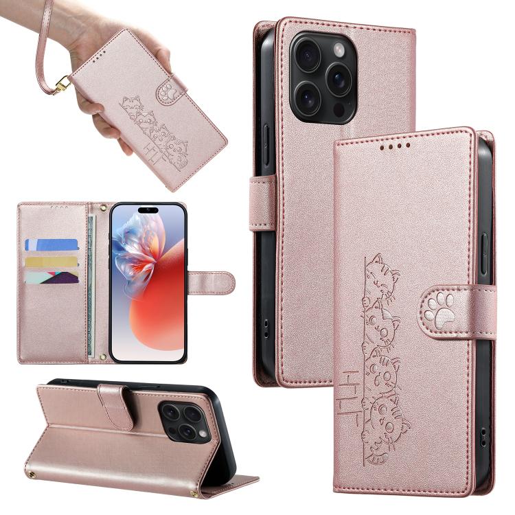 Custodia per telefono in ecopelle con chiusura magnetica e cinturino, con simpatici gattini., For iPhone 16, For iPhone 15 Pro Max, For iPhone 15 Pro, For iPhone 15 Plus