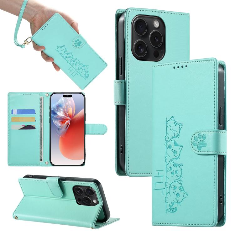 Custodia per telefono in ecopelle con chiusura magnetica e cinturino, con simpatici gattini., For iPhone 16, For iPhone 15 Pro Max, For iPhone 15 Pro, For iPhone 15 Plus
