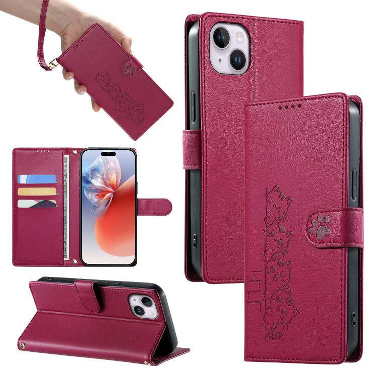 Custodia per telefono in ecopelle con chiusura magnetica e cinturino, con simpatici gattini., For iPhone 15, For iPhone 14 Plus, For iPhone 14 / 13, For iPhone 14 Pro